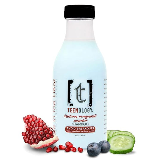 Teenology Shampoo for Teens - Avoid Forehead and Body Breakouts - No Sulfates or Parabens, Noncomedogenic, Natural Botanical Extracts, 16 oz. (Blueberry Pomegranate Cucumber)-VivaGrace Women