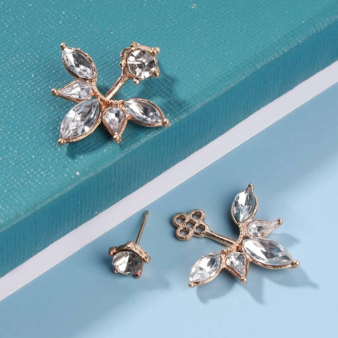 Boho Crystal Lotus Jackets Earrings Gold Crystal Studs Earrings Sparkle Rhinestone Ear Jackets Earrings CZ Ear Climber Earrings Wedding Earrings Jewelry for Women and Girls-VivaGrace Women