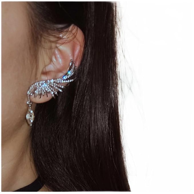 Boho Crystal Angel Wing Earrings Silver Rhinestone Wing Earrings Cz Crystal Ear Climber Earrings Guardian Wing Clip on Earrings Jewelry for Women and Girls Gifts-VivaGrace Women
