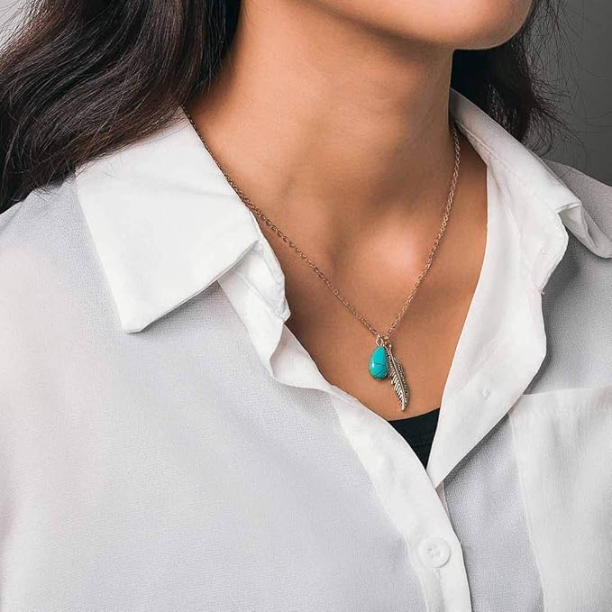 Boho Turquoise Necklaces Silver Feather Pendant Necklace Chain Short Delicate Dainty Necklaces Jewelry for Women-VivaGrace Women