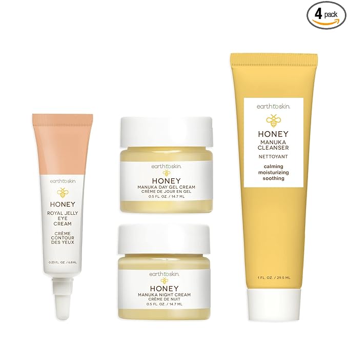 Earth To Skin Facial Care Starter Set: Manuka Honey Cleanser (1.0 Fl Oz), Day Gel Cream (0.5 Fl Oz), Night Cream (0.5 Fl Oz), and Royel Jelly Eye Cream (0.23 Fl Oz)-VivaGrace Women
