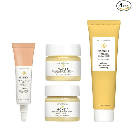 Earth To Skin Facial Care Starter Set: Manuka Honey Cleanser (1.0 Fl Oz), Day Gel Cream (0.5 Fl Oz), Night Cream (0.5 Fl Oz), and Royel Jelly Eye Cream (0.23 Fl Oz)-VivaGrace Women