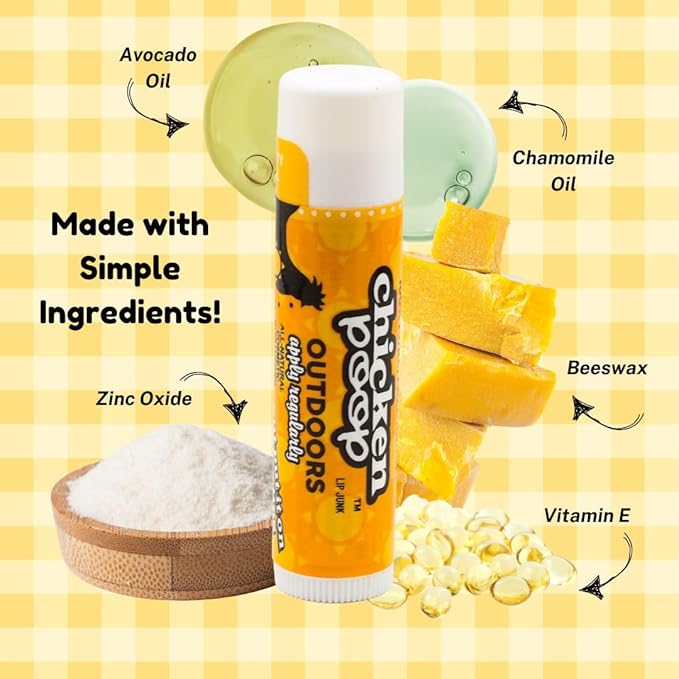 Chicken Poop Lip Balm Simone Chickenbone 100% Natural Moisturizer for Dry, Chapped Lips, Combo (Original, Mint, Outdoors with SPF 30, Coconut), 4 Pack-VivaGrace Women