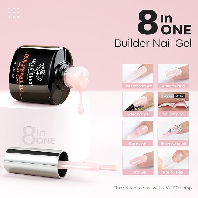 modelones Builder Nail Gel, 8-in-One Cover Nude Builder, LED Lamp Cured Thickening Apex Building Strengthener Extension Rubber Color Base Gel Polish Glue in a Bottle for Home DIY Salon Girls-VivaGrace Women