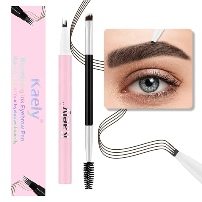 evpct 1Pcs Black Brown Magic Microblading Eyebrow Contouring Pen Brow Pencil, with 4 Brush Micro-Fork-Tips Precise Applicator, Dual-ended Eyebrow Brush, Hair Like Strokes, Natural Looking Brows-VivaGrace Women
