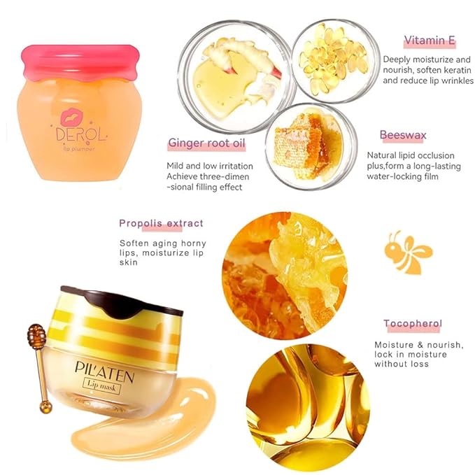Lip Plumper Lip Mask Set, Bee Balm Lip Balm Honey Pot, Lip Plumper Gloss Lip Injection Honey Moisturizing Lip Sleeping Mask, Hydrating & Prevention Dry and Cracked Lip Scrubs Exfoliator-VivaGrace Women
