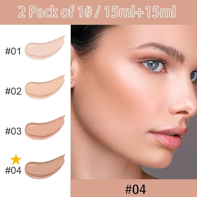 2 Pack Liquid Foundation Cream with Foundation Brush for Face Makeup,Durable Full Coverage Matte Concealer Make Up,Oil Control & Waterproof Base Primer -1 Fl.Oz (#04)-VivaGrace Women