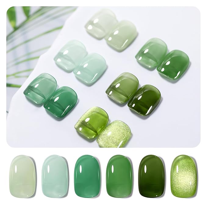RARJSM Green Jelly Glass Gel Nail Polish Set 6pcs Clear Crytal Army Dark Jade Sage Green Transparent Sheer Amber Series Milky Diamond Cat Eye Gel Varnish LED UV Curing Requires-VivaGrace Women