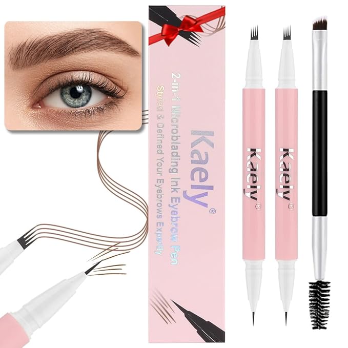 evpct 2Pcs Midium Brown Magic Microblading Dual-Ended Eyebrow Contouring Pen Brow Pencil, with 4 Brush Micro-Fork-Tips Applicator and Precise Brush-Tip Hair Like Stroke, Dual-ended Eyebrow Brush-VivaGrace Women
