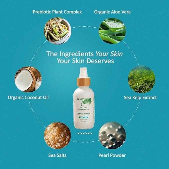Akasha Prebiotic Skin Mist 3.4oz I Organic Facial Mist, Sea Kelp Extract, Face Spray for Naturally Restoring the Skins Microbiome, Dewy, Help Acne, Psoriasis & Sunburn*, Anti Aging Skin Care Products-VivaGrace Women