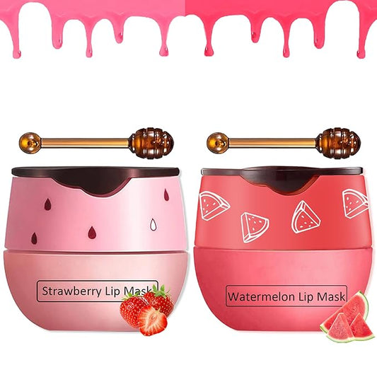 2 PCS Bee Balm Lip Balm Honey Pot,Strawberry&Watermelon Lip Sleeping Mask,Hydrating Prevention Dry and Cracked Lip Scrubs Exfoliator Lip Care,Moisturizing Lip Mask Overnight-VivaGrace Women