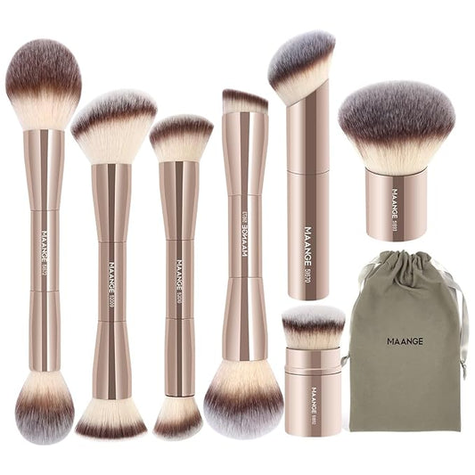 MAANGE 7pcs Makeup Brush Set Double Sided Kabuki Makeup Brushes Contour Brush for Foundation Liquid Powder Concealer Cream Cosmetics Bronzer Blending Blush Buffing Makeup Tools (Gold)-VivaGrace Women