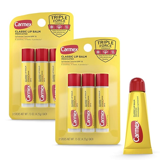 Carmex Medicated Lip Balm Sticks, Lip Moisturizer for Dry, Chapped Lips, 0.15oz, 3 Count (2 Packs) plus 1 Count Carmex Lip Balm Tube, 0.35oz-VivaGrace Women