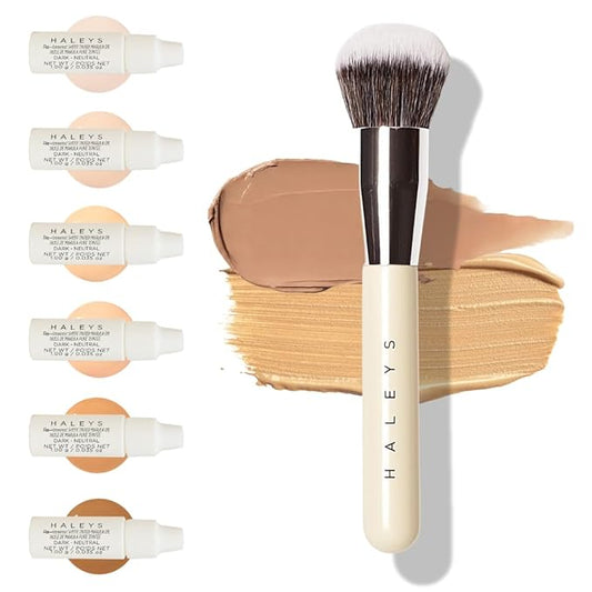 HALEYS Kabuki Makeup Brush + GWP Skin Tint Mini, VEGAN+CRUELTY-FREE, Sustainable Wood, Vegan Bristles for Airbrushed Finish, For Creams, Liquids, Powder, Streak-free, Perfect Blending, Buffs, Blurs-VivaGrace Women