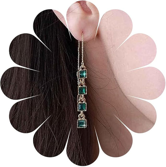 Vintage Crystal Emerald Threader Earrings Emerald Square Stud Earrings Long Chain Tassel Dangle Earrings Gold Bar Pull Through Earrings Jewelry for Women-VivaGrace Women