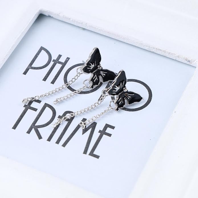 Vintage Butterfly Stud Earrings Silver Chain Tassel Dangle Earrings Black Butterfly Earrings Layer Chain Drop Earrings Jewelry for Women-VivaGrace Women