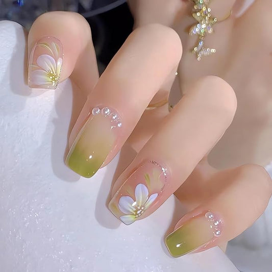 Short Square Fake Nails Spring Green Press on Nails Glossy False Nails with Flower Designs Short Acrylic Nails Full Cover Artificial Glue on Nails Stick on Nails for Women Nail Decorations, 24pcs