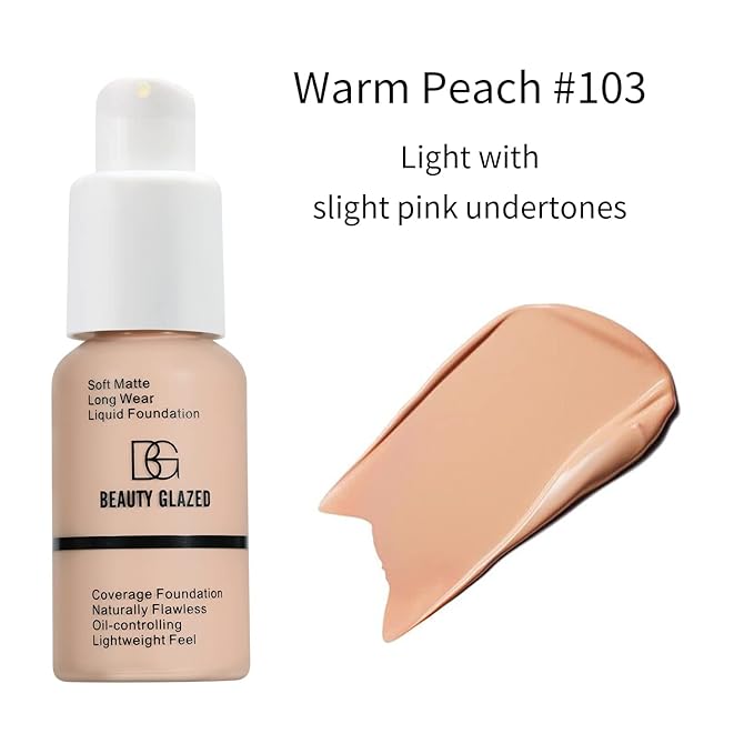Beauty Glazed Soft Matte Silky Full Coverage Liquid Foundation, Multi-Use Buildable Foundation Lightweight Feel Oil Control Longwear Naturally Flawless Coverage Foundation (103 Warm Peach)-VivaGrace Women