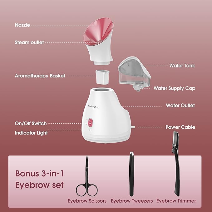 Newbealer 2in1 Facial Steamer, Hot Mist Facial Aromatherapy Humidifier Atomizer, Large Face Steamer Unclogs Pores Sinuses Moisturizing, Home Sauna Spa with Eyebrow Set (Red, 170ml)-VivaGrace Women