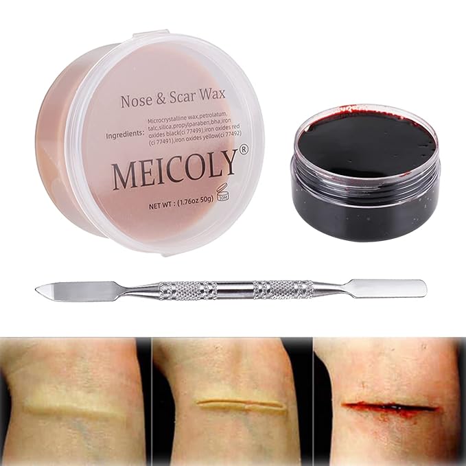 MEICOLY 3pcs SFX Special Effects Makeup Kit - Fake Nose Putty, Scar Wax, Fake Blood Scab Gel, Dark-VivaGrace Women