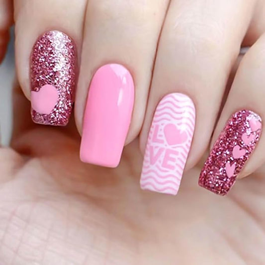 Valentine Press on Nails Medium Square Fake Nails Pink False Nails with Heart Designs Glitter Full Cover Glue on Nails Sparkly Artificial Nails Cute Stick on Nails for Women 24Pcs