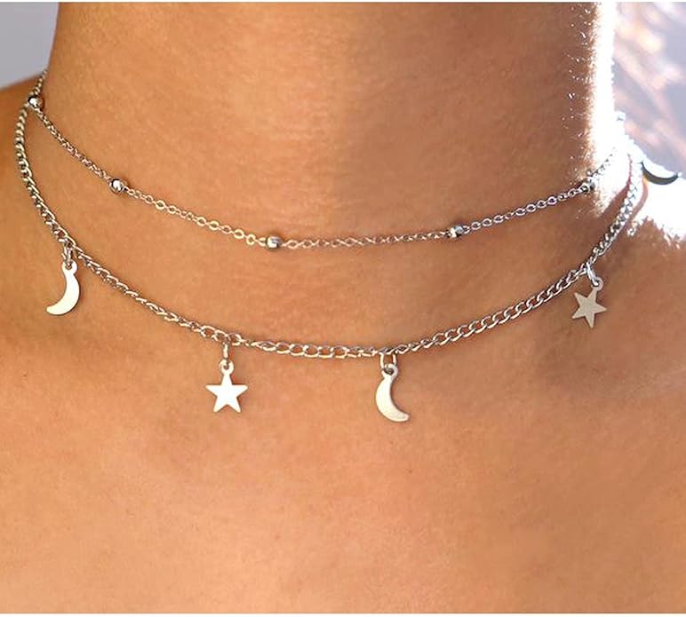 Boho Star Moon Necklace Choker Gold Layered Star Choker Necklace Crescent Moon Necklace Celestial Necklace Chain Festival Jewelry for Women and Girls-VivaGrace Women