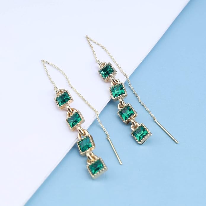 Vintage Emerald Crystal Threader Earrings Green Gem Drop Earrings Emerald Cz Square Earrings Gold Long Emerald Chain Earrings Jewelry for Women-VivaGrace Women