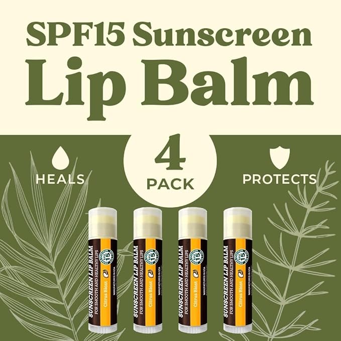 SPF Lip Balm 4-Pack by Earth's Daughter - Lip Sunscreen, SPF 15, Organic Ingredients, Citrus Flavor, Beeswax, Coconut Oil, Vitamin E - Hypoallergenic, Paraben Free, Gluten Free-VivaGrace Women