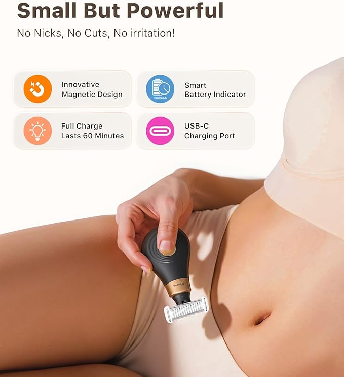 Mini Bikini Trimmer for Women - Intimate Pubic Hair Removal, Electric Body Groomer, Small Portable Wet/Dry Shaver, Magnetic Blade, USB-C Rechargeable with Travel Case, Easy to Clean (Black)-VivaGrace Women
