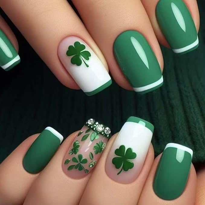 St. Patrick's Press on Nails Clover Short Square Fake Nails with Rhinestone Designs Green French Tip False Nails Full Cover Glossy Stick on Nails St. Patrick's Glue on Nails for Women Girls