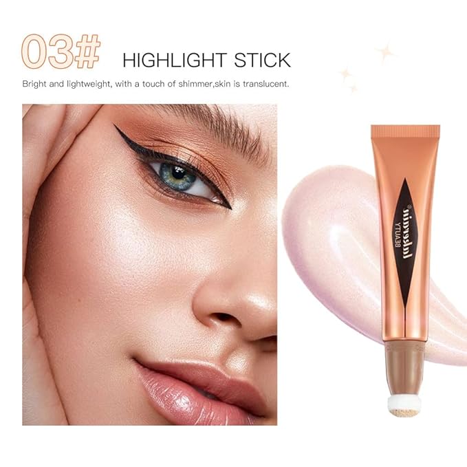 Go Ho Liquid Highlighter Wand,White Pink Highlighter Makeup Stick with Cushion Applicator,Smooth Creamy Liquid Highlighter Blendable Glowing Face Illuminator Contouring Makeup,03# Highlighter Makeup-VivaGrace Women