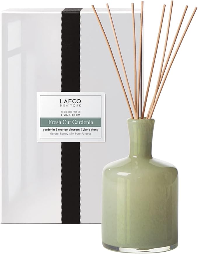 LAFCO New York Signature Reed Diffuser, Fresh Cut Gardenia - 15 oz - Up to 9 Months Fragrance Life - Reusable, Hand Blown Glass Vessel - Natural Wood Reeds - Made in The USA-VivaGrace Women