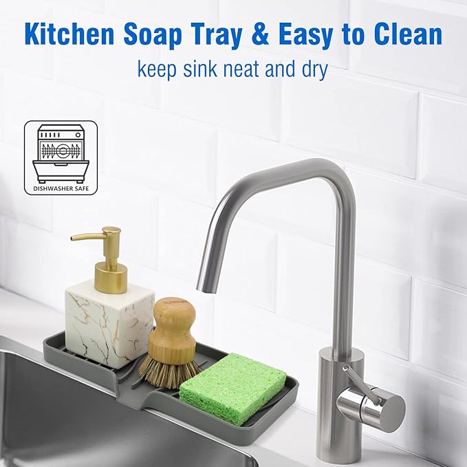 3-Pack Silicone Soap Dish, Sponge Holder for Sink, Kitchen Soap Tray, Bathroom Soap Holder, Sponge Tray with Drain (Grey)-VivaGrace Women