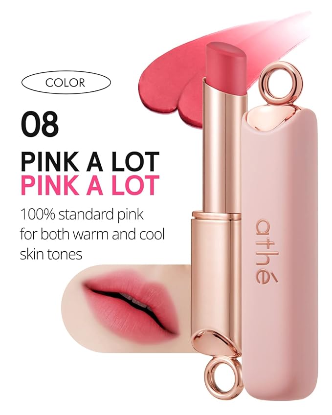 ATHÉ Authentic Airy Lip Balm 08 PINK A LOT, Korean Vegan Color Lip Blam, Flake-Free Slim Fit Lips, Silky Powdery Finish & Air-like Blurring with Vibrant Colors, 0.11oz.-VivaGrace Women