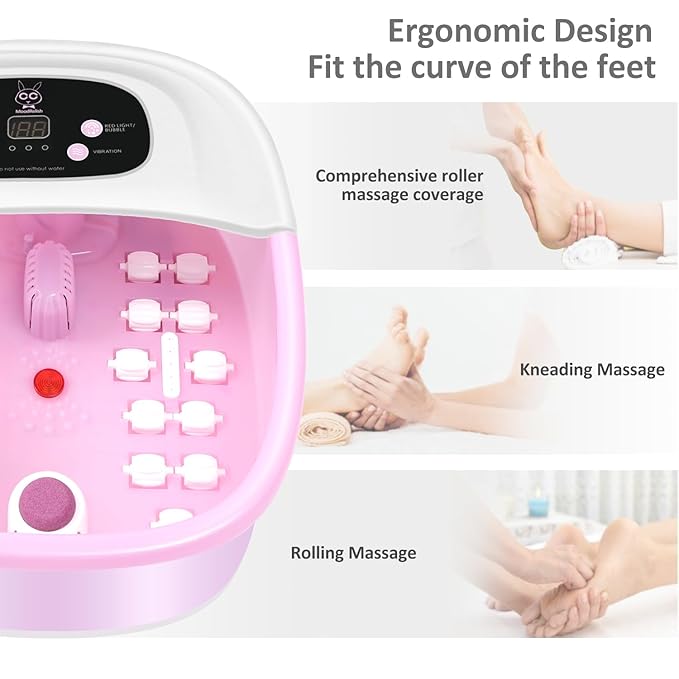 Foot Spa Bath Massager with Heat Bubbles and Vibration Massage and Jets, 16 OZ Calming Lavender Foot Soak Epsom Salt, Foot Soaker with Red Light, 22 Massage Rollers, Adjustable Temp - Pink-VivaGrace Women