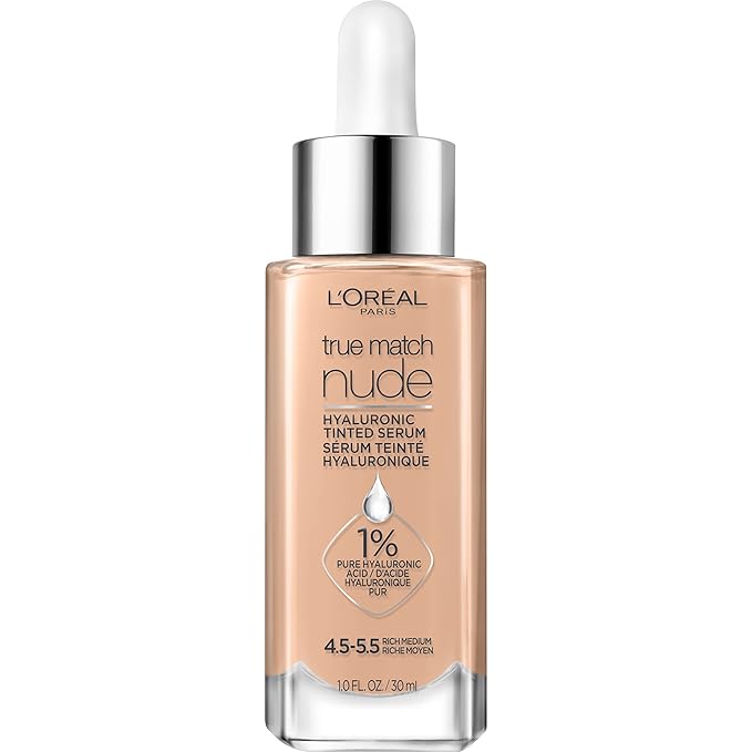 L'Oreal Paris True Match Nude Hyaluronic Tinted Serum Foundation with 1% Hyaluronic acid, Rich Medium 4.5-5.5, 1 fl. oz.-VivaGrace Women