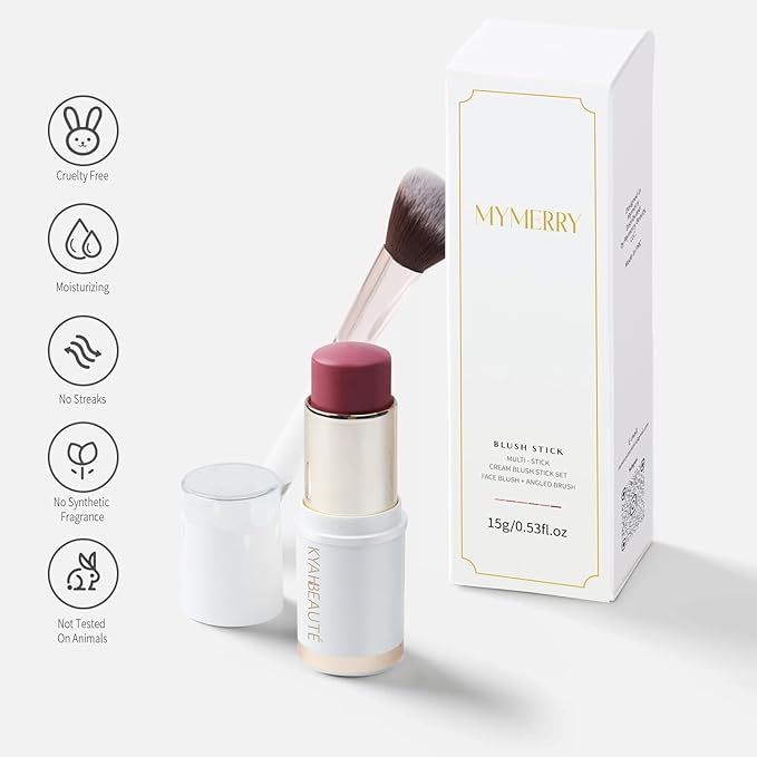 Blush Stick, Cream Blush for Cheeks and Lip Tint, Dewy Finish, Buildable & Blendable Color, Lightweight & Long-Lasting Formula| Rosemary-Mauve & Angled Blush Brush（0.53fl.oz）-VivaGrace Women