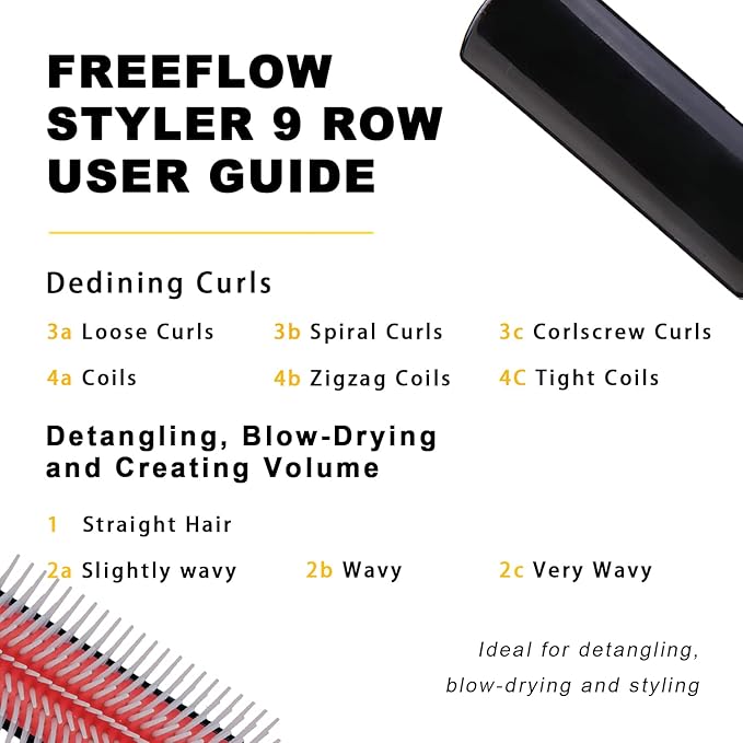 Classic Styling Curly Hair Brush. 9 Row Black Brush for Detangling, Separating, Shaping. For Women and Men Wet or Dry Hair.-VivaGrace Women
