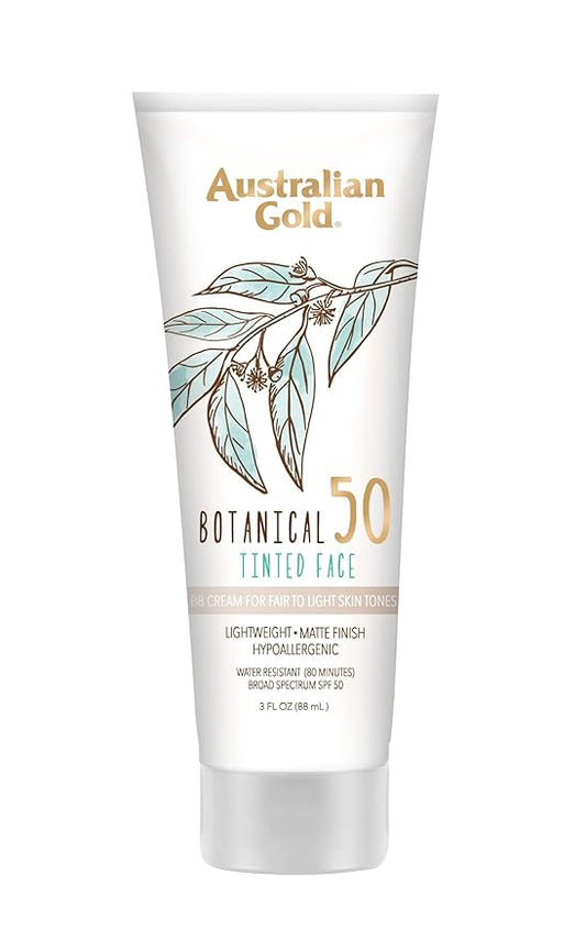 Australian Gold Botanical SPF 50 Tinted Face Sunscreen, Non-Chemical BB Cream, Water-Resistant, Matte Finish, Sensitive Skin, 3 FL Oz-VivaGrace Women