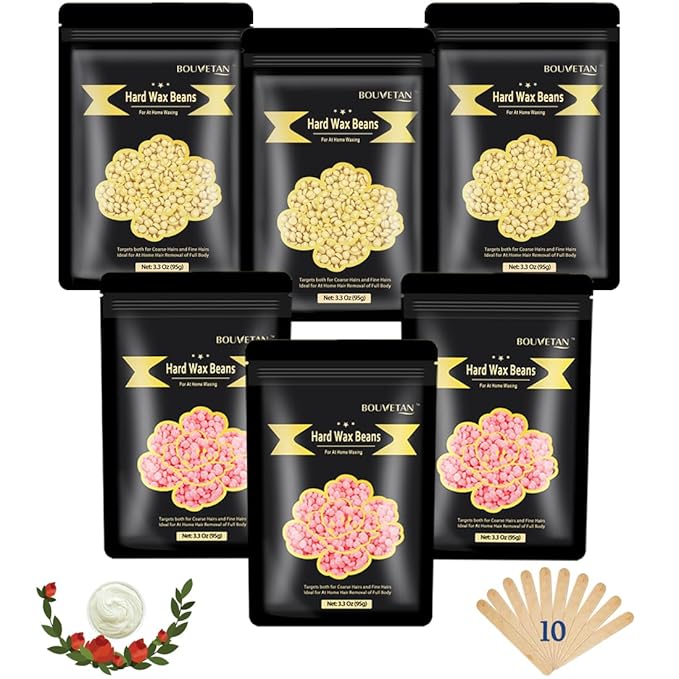 Hard Wax Beads for Hair Removal, Bouvetan 1.3Lb/21oz Wax Beans for Brazilian Waxing, Eyebrow, Face, Bikini, Legs, Arms for Women Men Hair Removal with 10pcs Sticks, 6 Packs-VivaGrace Women