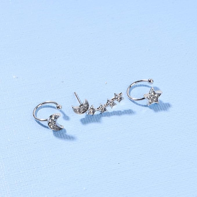 Boho Moon Star Ear Climber Earrings Silver Cz Star Ear Crawler Earrings Vintage Rhinestone Moon Cuff Earrings Cartilage Star Trailing Earrings Celestial Jewelry for Women and Girls Gifts-VivaGrace Women