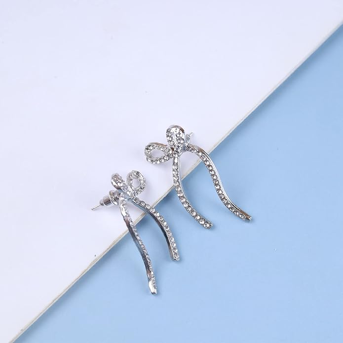 Vintage Crystal Bow Earrings Rhinestone Bow Drop Earrings Long Cz Rhinestone Earrings Gold Bow Cz Stud Earrings Jewelry for Women-VivaGrace Women