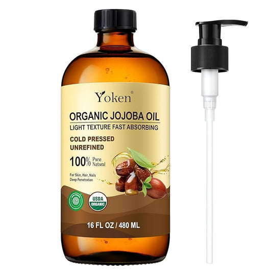 Yoken Organic Jojoba Oil Glass Bottle 16 fl oz, USDA Certified 100% Pure & Natural Jojoba Oil for Hair, Skin & Face, Cold Pressed Unrefined Hexane Free, Deeply Moisturizing Body Serum for Gua Sha-VivaGrace Women