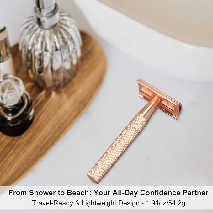 Matte Rose Gold Safety Razor, Single Blade Razors for Women, Reusable Metal Razor, with 10 Stainless Steel Double Edge Blades, Eco-friendly, Smooth & Close Shave, Plastic Free-VivaGrace Women