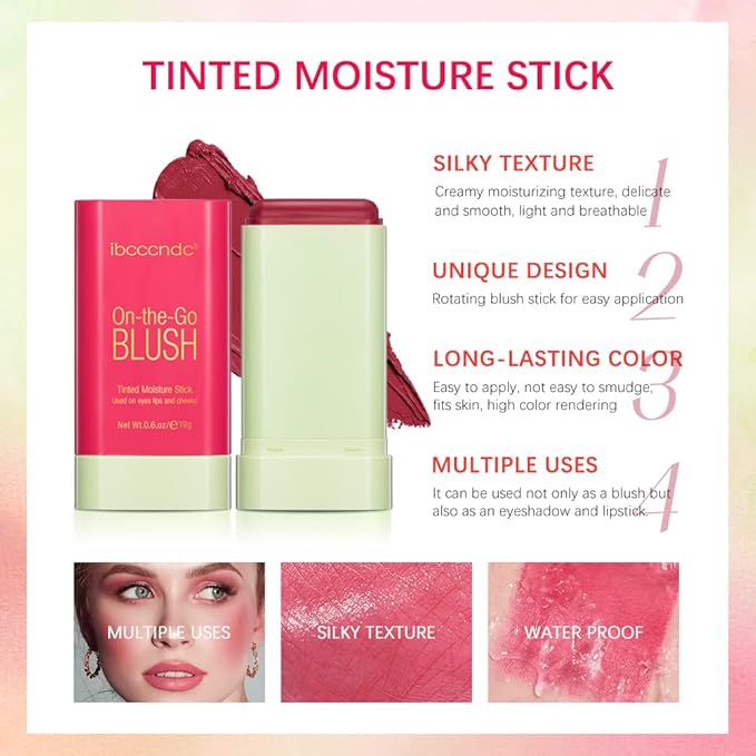 Blush Stick Matte Finish Waterproof Long Lasting Pink Red Cheek Lip Make-up Multi Lip Tint Stick Highlighter High Pigment Rouge Blush for Women Lady Daily Lip Cheek Makeup (2#hot red)-VivaGrace Women