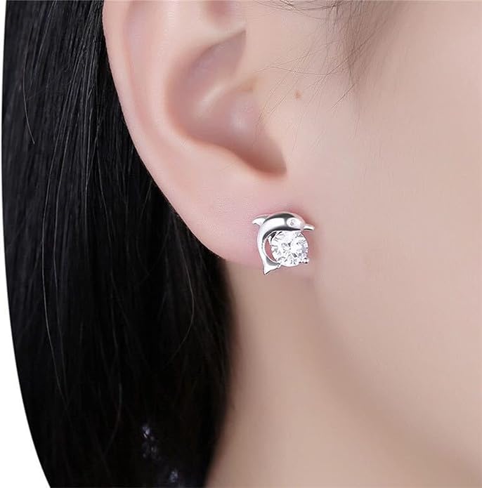 Silver Dolphin CZ Earrings Cute Animal Stud Earrings Tiny Earring Jackets Gifts for Women and Girls-VivaGrace Women