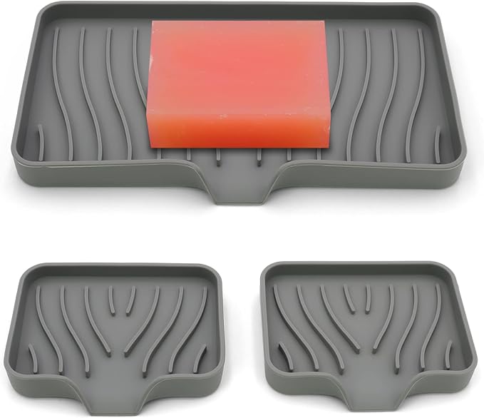 3-Pack Silicone Soap Dish, Sponge Holder for Sink, Kitchen Soap Tray, Bathroom Soap Holder, Sponge Tray with Drain (Grey)-VivaGrace Women