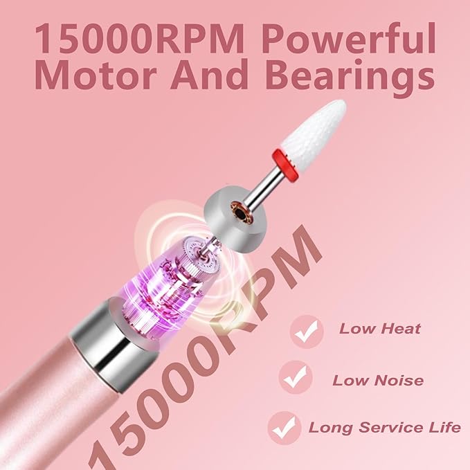 Electric Nail Drill File Cordless,Portable Rechargeable Nail File Kit for Acrylic & Gel Nails,Professional Efile for Manicure Pedicure Polishing,with 12 Nail Drill Bits 31 Sanding Bands,Rose Gold-VivaGrace Women