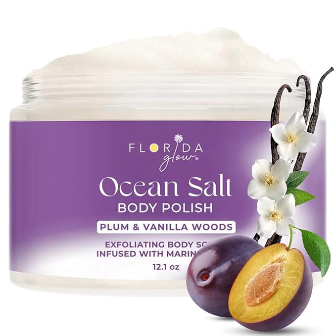 Sea Salt Body Scrub by Florida Suncare - Ocean Salt Body Polish Infused with Marine Algae - Exfoliating Face and Body Scrub, Facial Scrub Exfoliator to Tackle Acne, Scars (Plum & Vanilla Woods 12.1oz)-VivaGrace Women