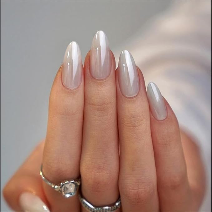 Medium Press on Nails Almond Fake Nails with Chrome Designs Glossy False Nails White Glue on Acrylic Nails for Women and Girls